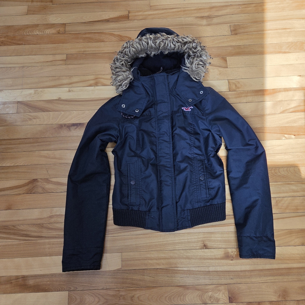 Hollister Dark Navy Hooded Bomber with Faux-Fur Trim